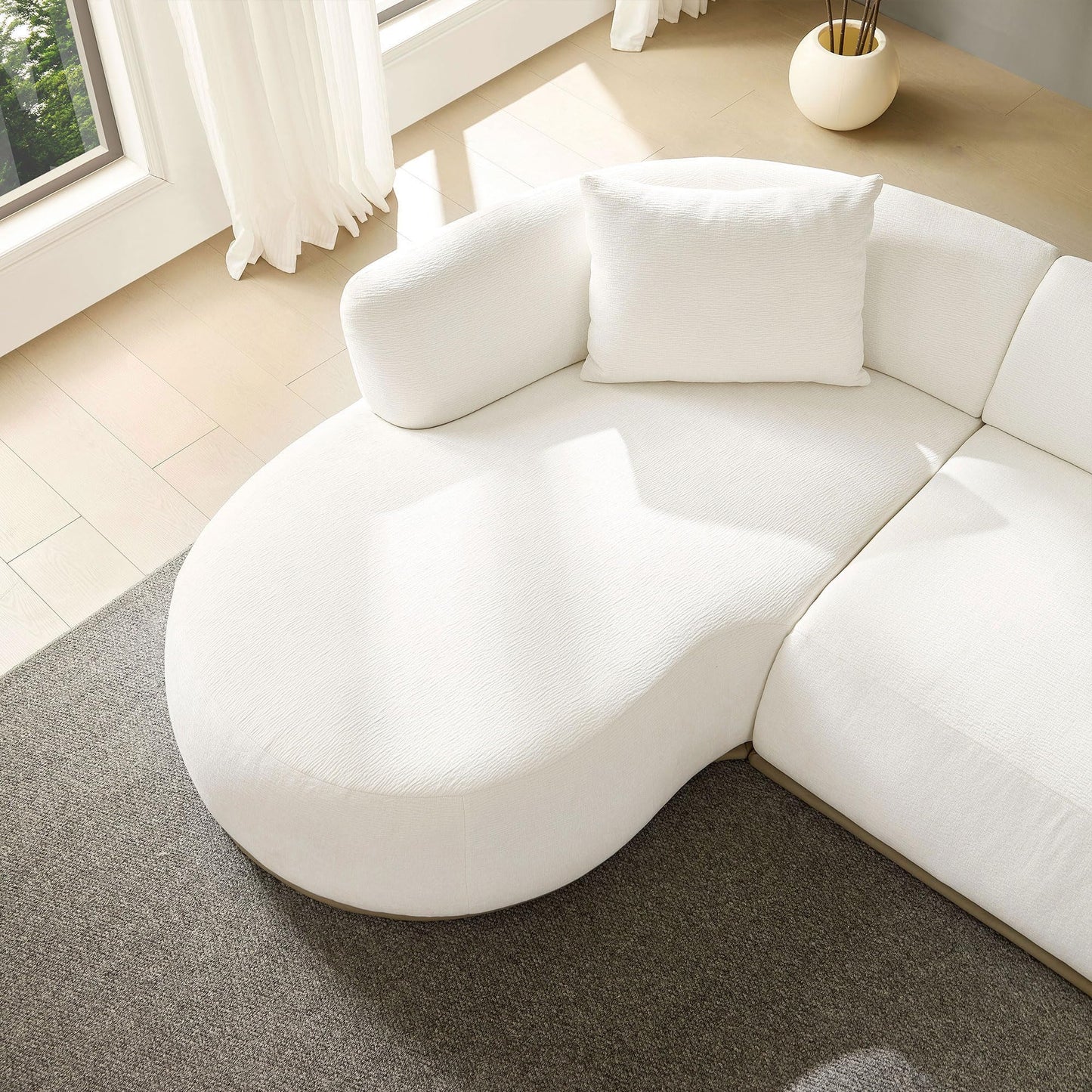 KEIKI 135" L-Shaped Oversized Boucle Sectional Sofa with Left Chaise, Modern 5-Seater Polyester Curved Couch with PU Leather Base, 1 Ottoman & 6 Pillows, No Assembly Required, for Living Room, Beige