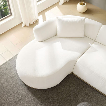KEIKI 135" L-Shaped Oversized Boucle Sectional Sofa with Left Chaise, Modern 5-Seater Polyester Curved Couch with PU Leather Base, 1 Ottoman & 6 Pillows, No Assembly Required, for Living Room, Beige