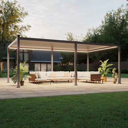 SANLUCE Patio LED Louvered Pergola, 12x20 Ft Outdoor Metal Pergolas with Adjustable Roof and LED Strip Lights, Easy Assembly Outdoor Pergola for Patio, Garden, Deck, Backyard(Brown)