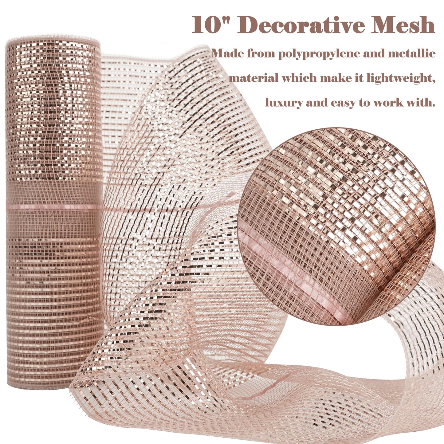 HUIHUANG Rose Gold Mesh Ribbon for Christmas Tree 10 inch Wide Easy Pull Deco Mesh Rose Gold Decorative Mesh Ribbon for Christmas, Garlands, Wreath Supplies, Floral Arrangements, Large Bows-10 Yards
