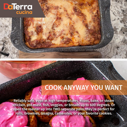 DaTerra Cucina - Nonstick Ceramic Coated Dual Roasting Pan Set – 2 Identical Pans, Oven Safe, Ideal for Roasting, Baking, Searing, Braising, Casseroles, Fits Most Toaster Ovens - 13 x 8 x 4.25