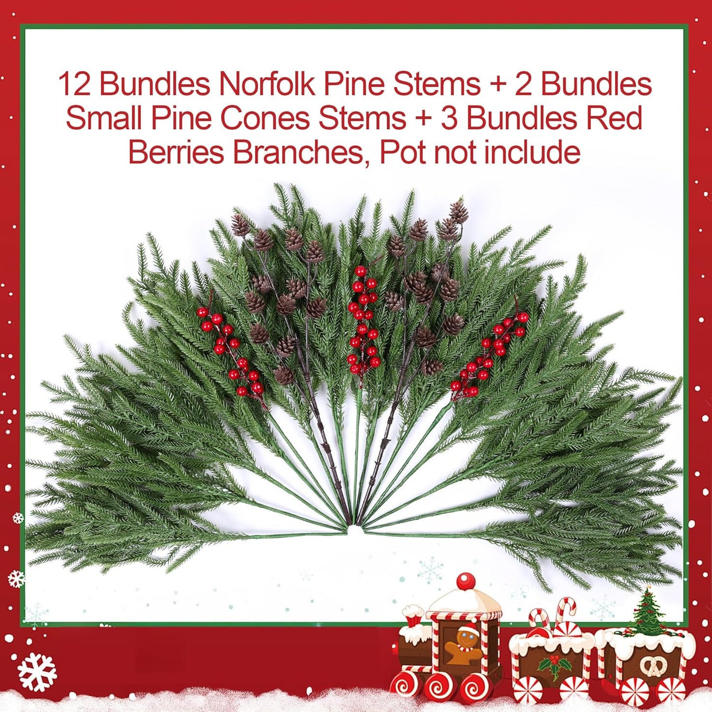 17 Branches,19 Inch HyeFlora PCS Christmas Norfolk Pine Stems with Small Pinecones and Red Berries Real Touch