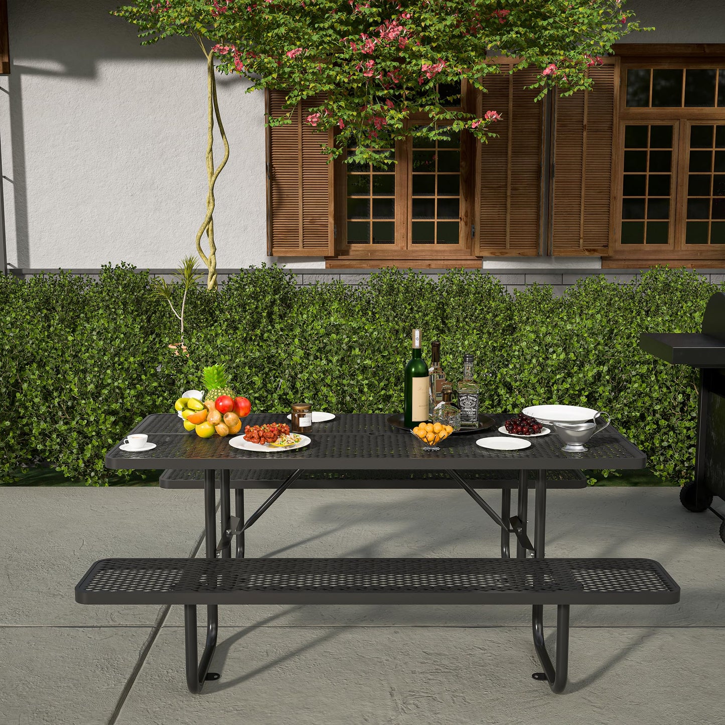 Dvasovio 72 Inch Rectangular Metal Picnic Table with 1.73" Umbrella Hole, Heavy-Duty Steel Mesh Table Set, Weather Resistant Sturdy Outdoor Furniture, for Patio, Garden, Courtyard & BBQ, Black