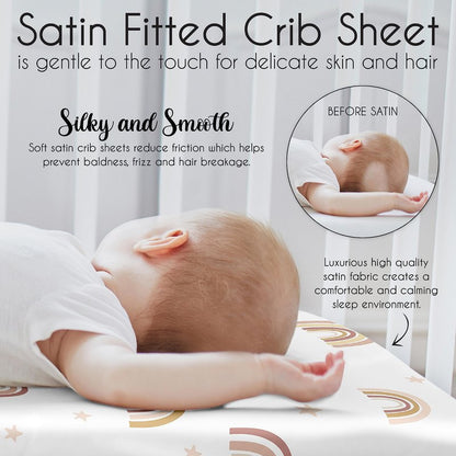 Sweet Jojo Designs Boho Rainbow Girl Baby Satin Fitted Crib Sheet Infant Newborn Nursery Toddler Bed Room Standard Mattress Blush Pink Yellow Bohemian Modern Neutral Vintage Rose Gold Beige Stars Sun