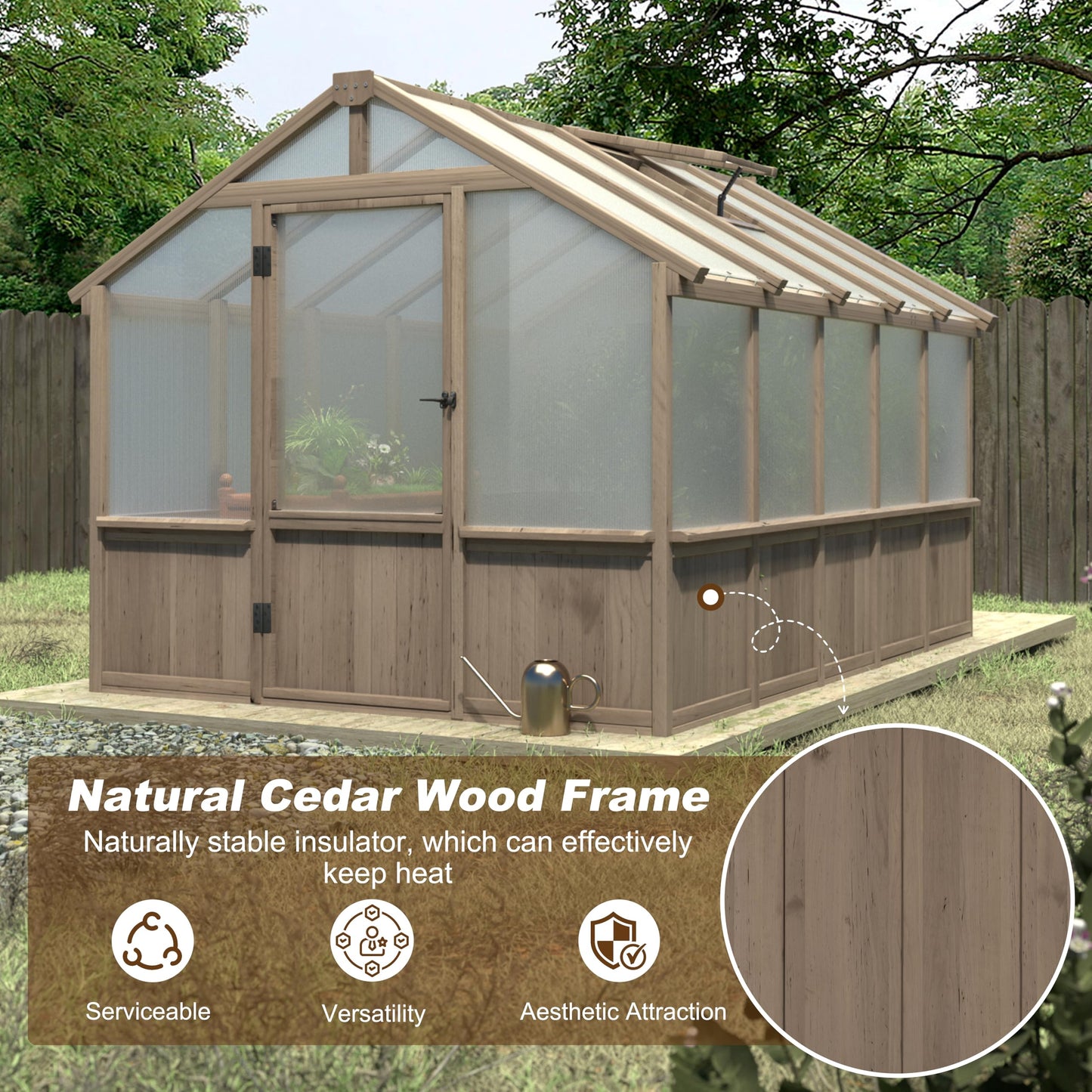 Yardenaler 8x10 FT Greenhouse Kit with 6MM Thick Polycarbonate Panel for Outdoor, Wooden Walk-in Green House with Adjustable Roof Vent and Lockable Door, Backyard, Garden, Light Mocha Brown