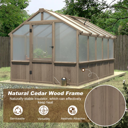 Yardenaler 8x10 FT Greenhouse Kit with 6MM Thick Polycarbonate Panel for Outdoor, Wooden Walk-in Green House with Adjustable Roof Vent and Lockable Door, Backyard, Garden, Light Mocha Brown