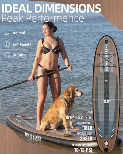 BM Paddle Board Inflatable Stand Up Paddle Board, SUP Paddleboard for Adult, Premium Accessories | Non-Slip EVA Deck & Foam Handles, Camera Mount, Double Action Pump, 85L Travel Backpack, Teak