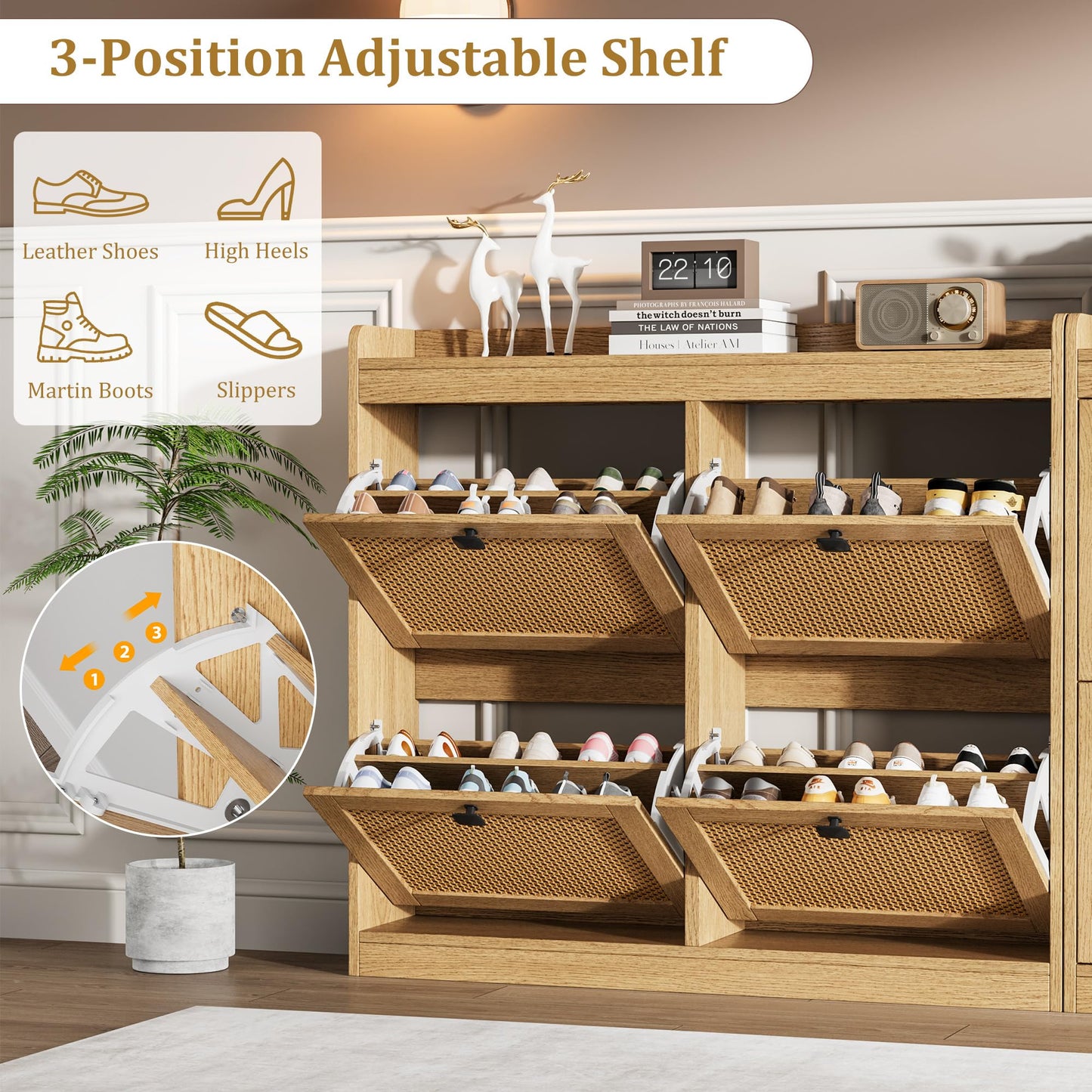 Shoe Cabinet with 4 Deep Flip Drawers, Base Freestanding Wooden Shoe Storage Cabinet with Rattan Door & 3-Tier Adjustable Shelves,Shoe Organizer for Entryway,Hidden Shoe Rack for Hallway,2PCS