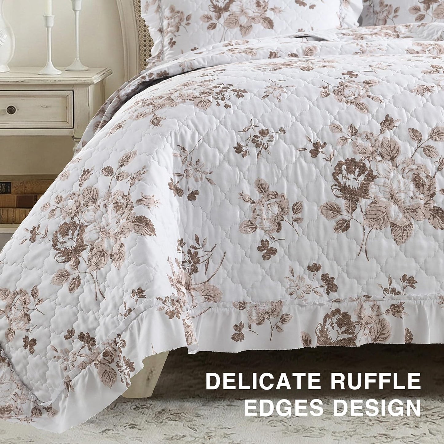 1 2 68x86 inches HORIMOTE HOME Khaki Ruffled Quilt Twin Size with Pillow Sham, Shabby Chic Floral Printed Reversible