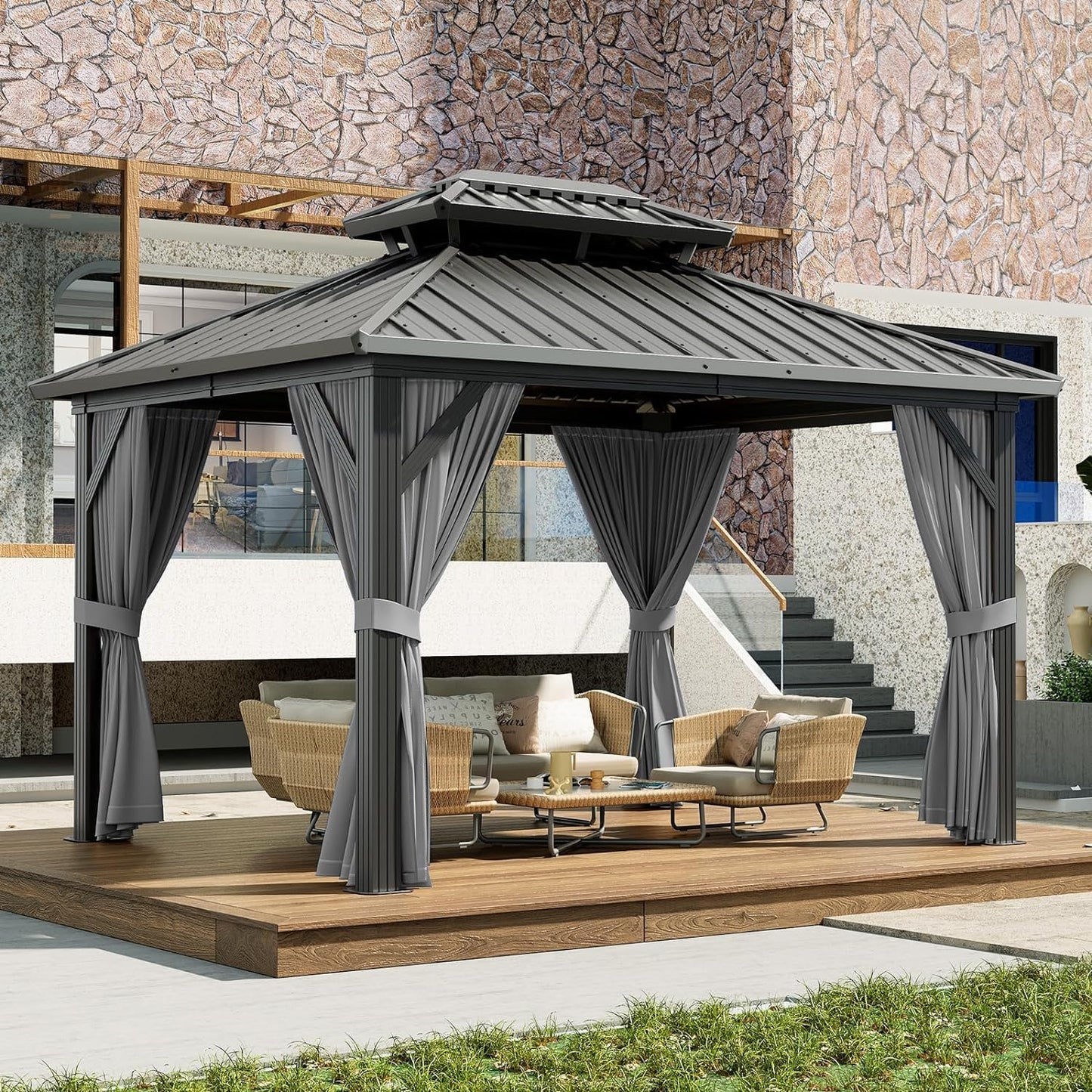 12'x10' Hardtop Gazebo, Heavy Duty Aluminum Permanent Hardtop Gazebo Outdoor Pavilion with Curtains and Netting for Garden