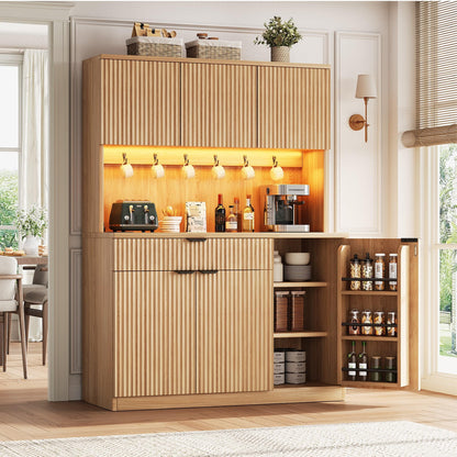 Jocoevol Fluted Kitchen Pantry Storage Cabinet with Charging Station/LED Light/Doors/Shelves, 71'' Tall Kitchen Food Hutch with Microwave Stand for Dining Room Living Room (Natural, 41 * 15.7 * 71)