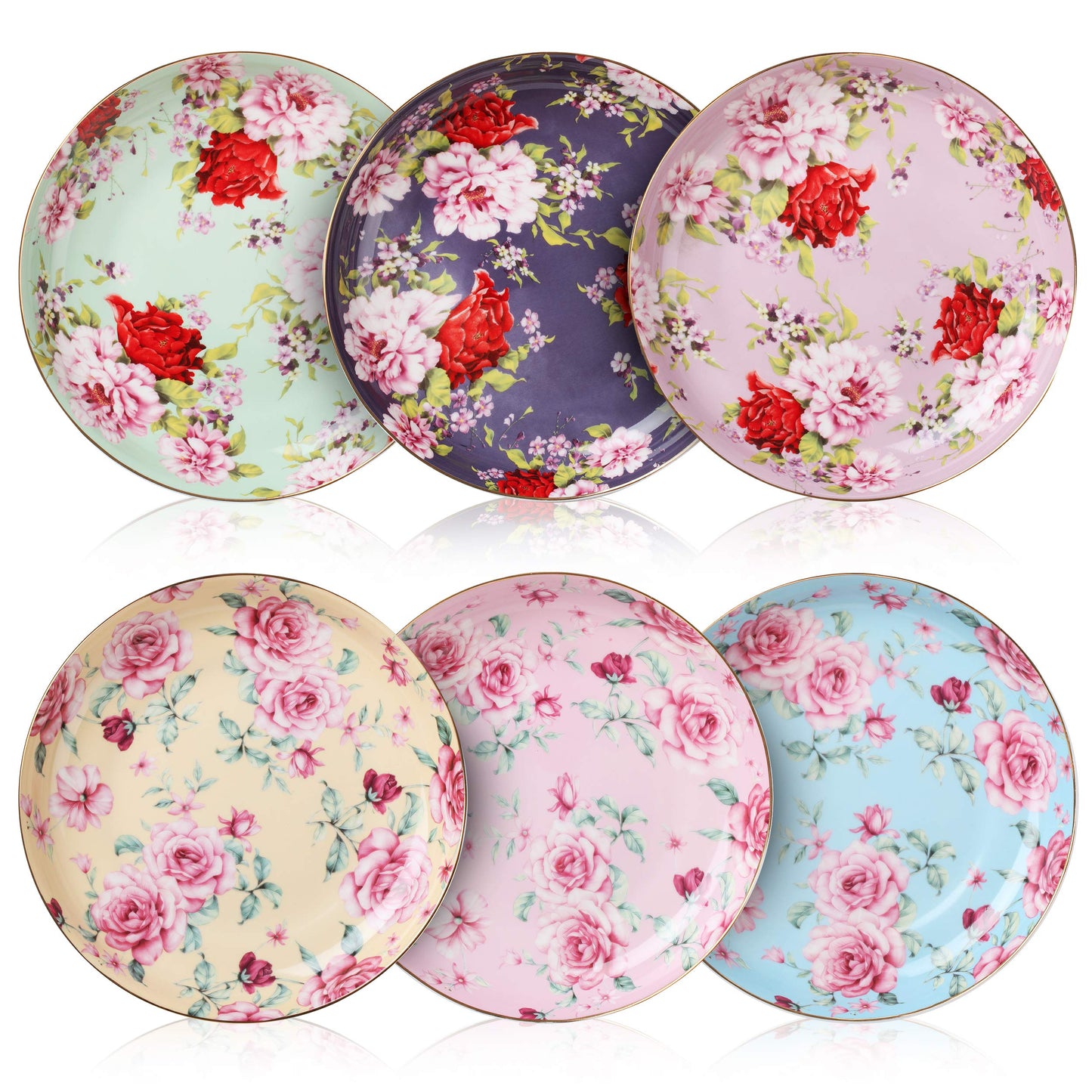 BTaT- Porcelain Floral Dessert Plates, 8 inch, Set of 6, Deep Plates, Porcelain Bone China, Appetizer Plates, Floral Plates, Salad Plates, Small Plates Set, Small Dishes