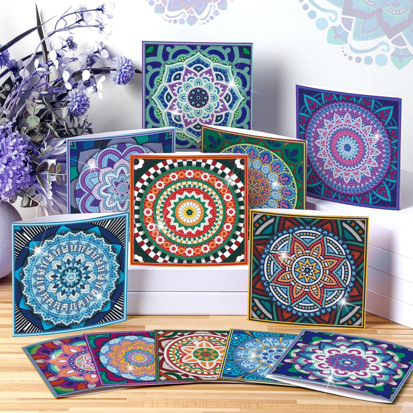 Saillong 12 Pack Mandala Diamond Painting Greeting Card Kits DIY Diamond Art Cards with Envelopes Flower 5D Rhinestones Painting Kits for Adults DIY Crafts Family Friend Birthday Gifts