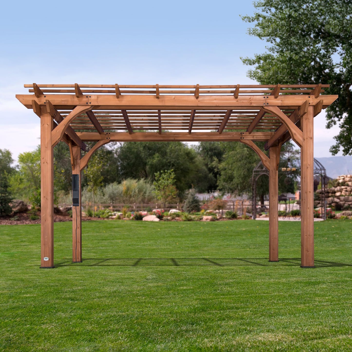 Backyard Discovery Beaumont 14' x 10' Traditional Cedar Wood Pergola Kit with Trellis Roof, All-Season Durability, High-Wind Rating, PowerPort, Shade for Outdoor Patio, Deck, Garden, and Entertaining