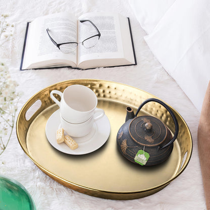 Monarch Abode Serving Tray with Handles – 17-Inch Hand Hammered Metal Platter for Living Room, Brushed Gold Finish Large Ottoman Tray Accent for Coffee Table, Tea & Food Serving Dish for Party