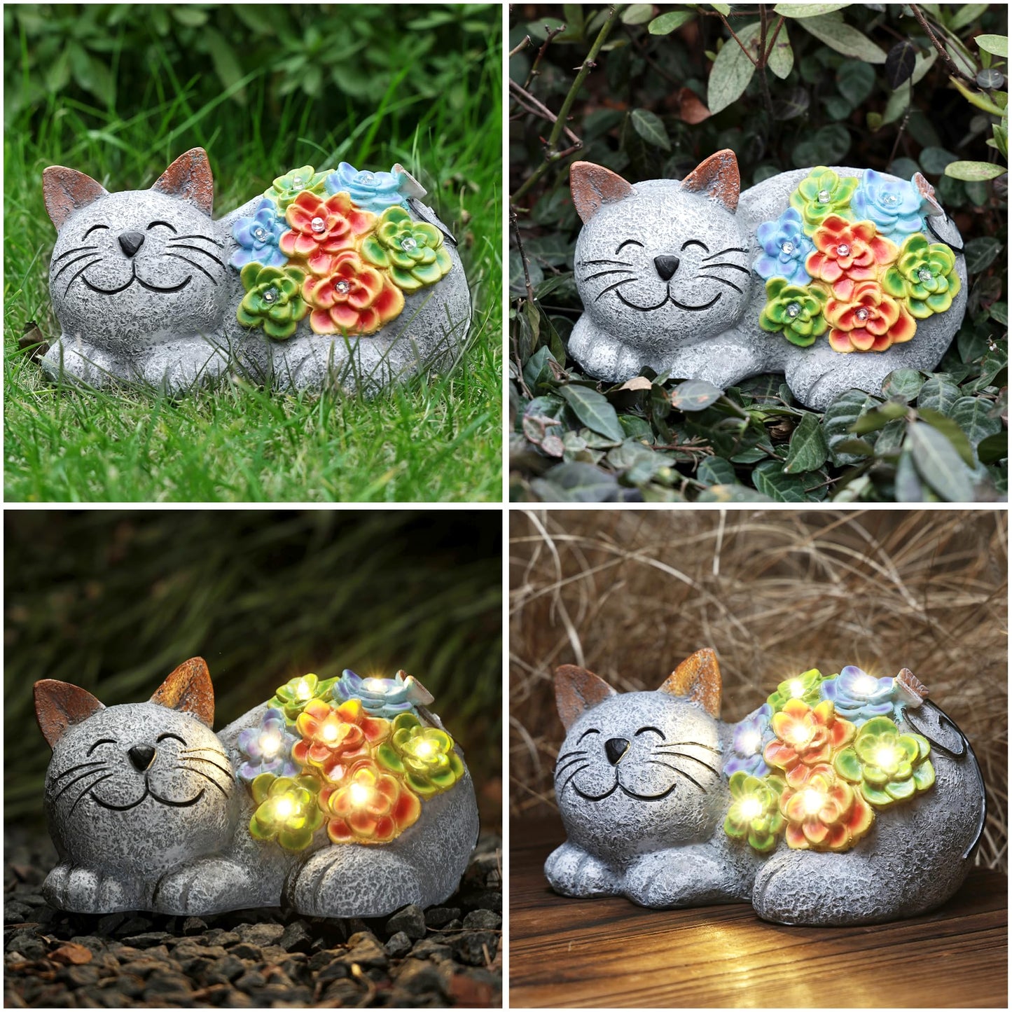 Otdair Solar Garden Decor Cat, Cat Lover Gifts with Succulent and 7 LED Lights for Outside,Outdoor Solar Lights for Yard, Garden and Patio, Unique Gift for Women