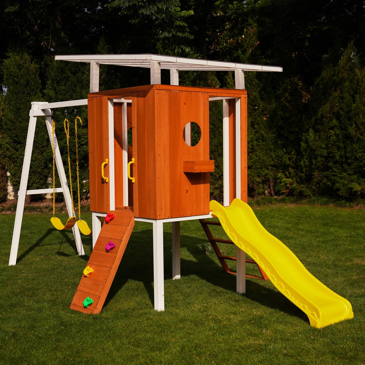 Avenlur Modern Outdoor Backyard Swing Set Children's Rock Climbing Wood Playground Playset 2 Belt Swings, Clubhouse Fort, Windows, Ladder, Wavy Slide Toddlers, Kids Climbers Play Adventure Rock 3-11yr