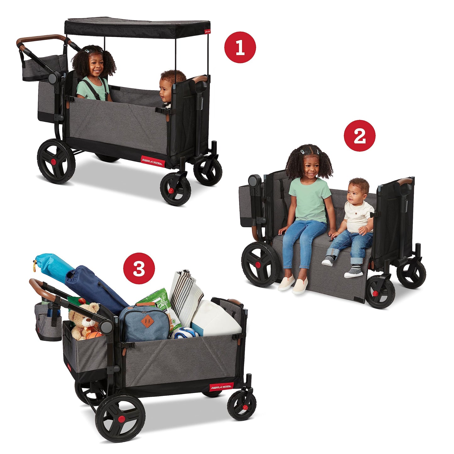 Radio Flyer Atlas Stroll 'N Wagon, Atlas Gray, for Ages 1+, 3-in-1 Push or Pull Versatility, One-Hand Fold, UV Canopy, 5-Point Harnesses, Storage Capabilities, Rubber Wheels, Stroller Wagon for Kids