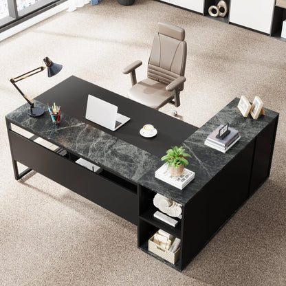 Tribesigns 71 inch Executive Desk, L Shaped Desk with Cabinet Storage, Executive Office Desk with Shelves, Business Furniture Set Workstation for Home Office, Black