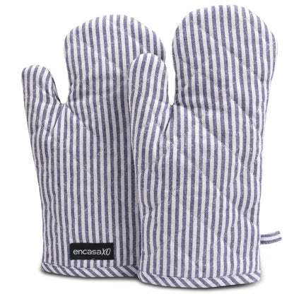Encasa XO Long 12"x7" Oven Microwave Hand Gloves Mitts (2 pc Set) for Kitchen Cooking & Baking - Heat Resistant, Thick & Safe, Protection of Hands from Hot Utensils - Ticking Navy Blue