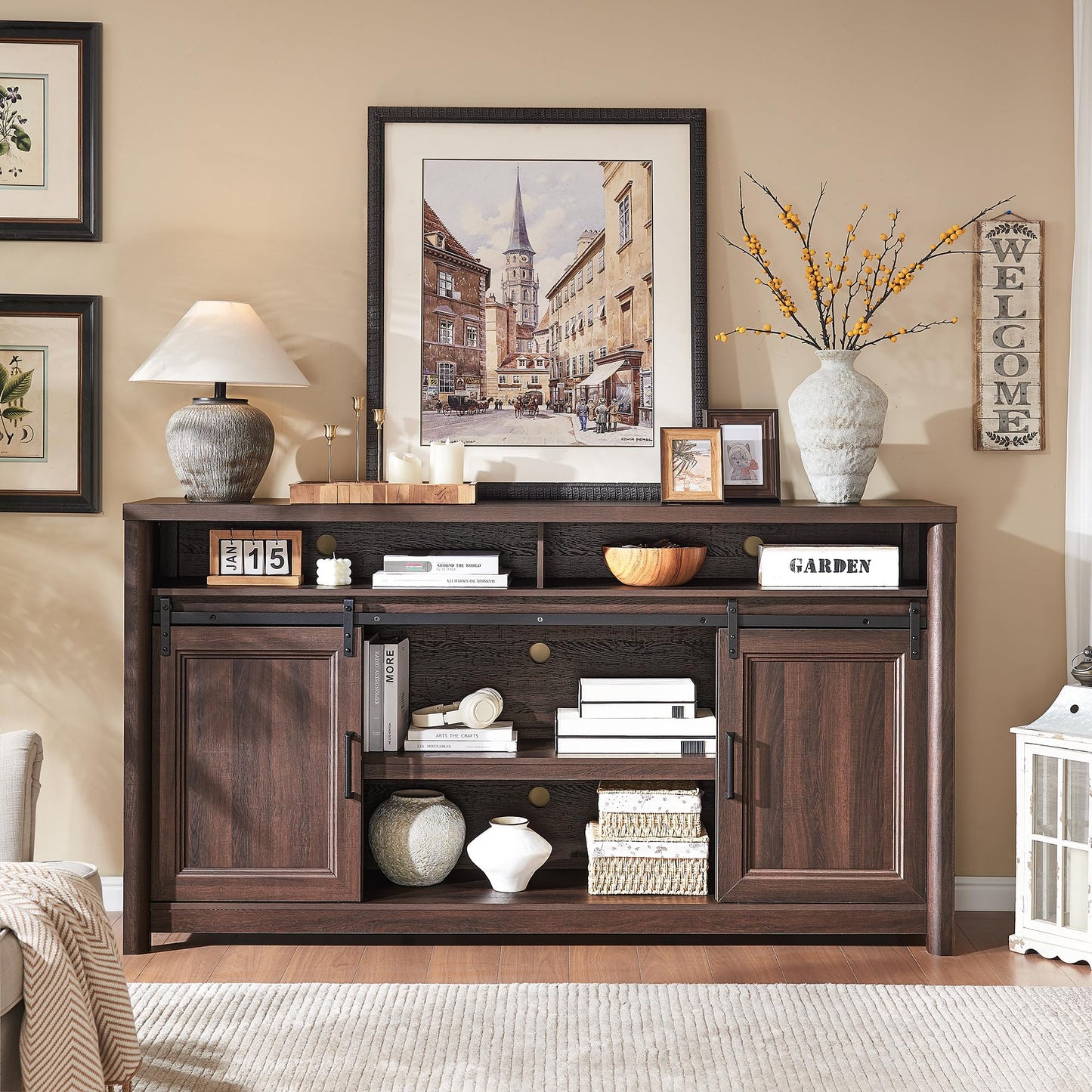 Farmhouse TV Stand for Living Room, Entertainment Center with Storage, Walnut TV Console for Bedroom, Media Storage Cabinet with Sliding Barn Doors & Adjustable Shelves, Fits 80 Inch TV, Rustic Wood