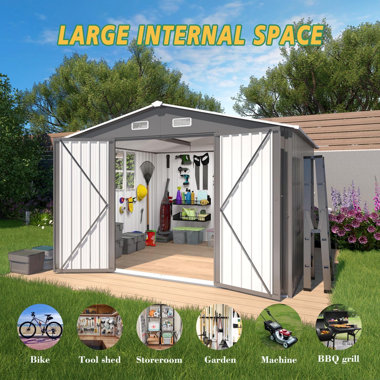 Vigo huseeo 10x8x6.4FT Outdoor Storage Shed, Galvanized Steel Garden Shed with Lockable Door & Window, Waterproof Metal Tool Storage for Garden, Backyard, Patio, Lawn(Grey)
