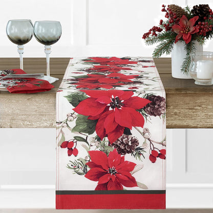 Newbridge Christmas Blooming Poinsettia’s Double Bordered 70 Inch Long Table Runner, Holiday Red and White Poinsettia