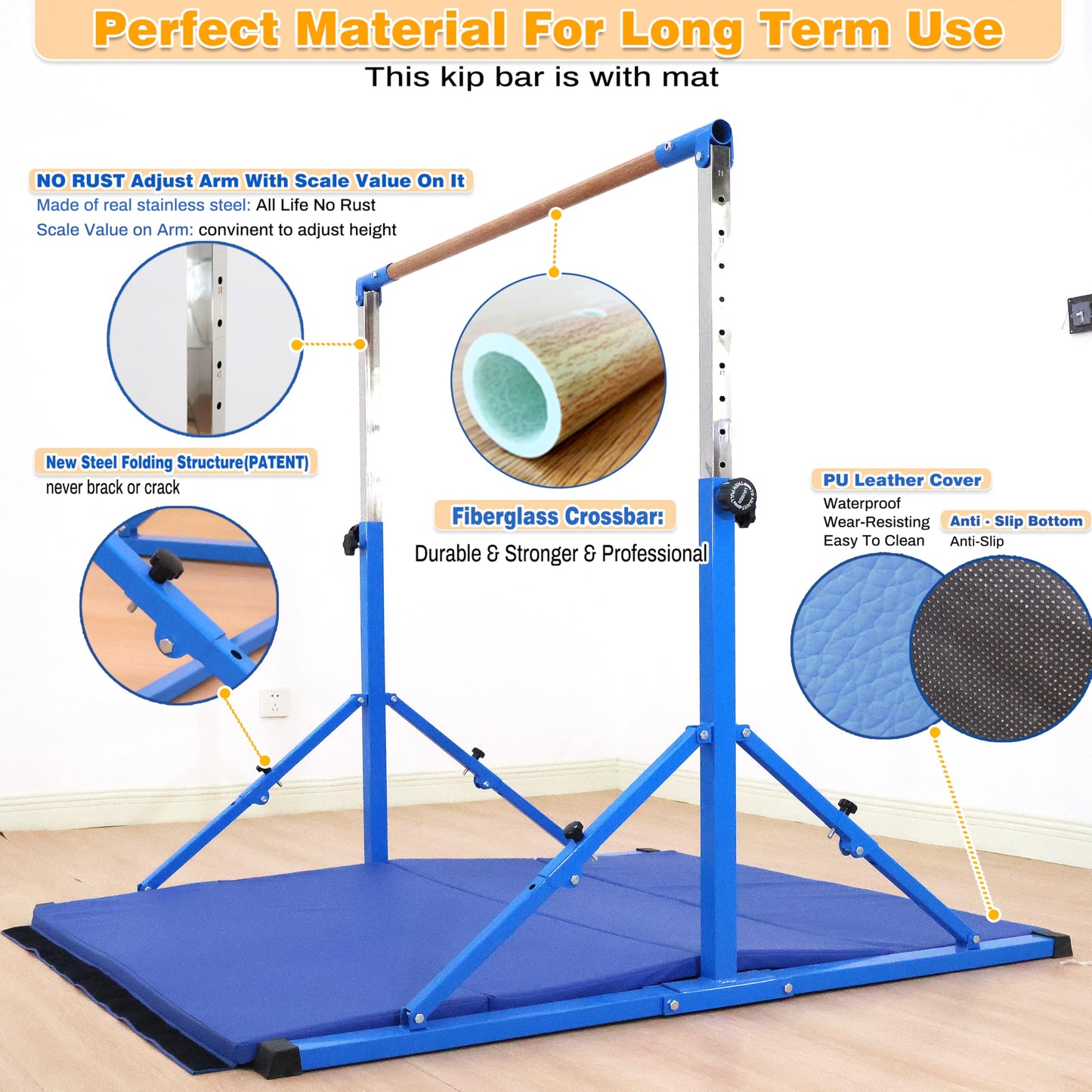 Marfual 5 Ft Fold Gymnastic Bar with Mat Kip Bar with Mat with Professional 4 Ft Width for Kids and Girl and Teenage Home and Club Use