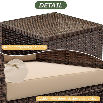 LHBcraft Outdoor Furniture 5 Piece Patio Conversation Set, PE Rattan Patio Set with Soft Cushions & Coffee Table, Outside Furniture with Hidden Ottoman for Porch, Lawn, Garden, Balcony, Brown