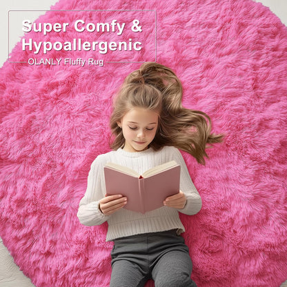 OLANLY Round Hot Pink Area Rug - Soft, Fluffy, Machine Washable 8 ft Circle Carpet for Bedrooms & Nurseries