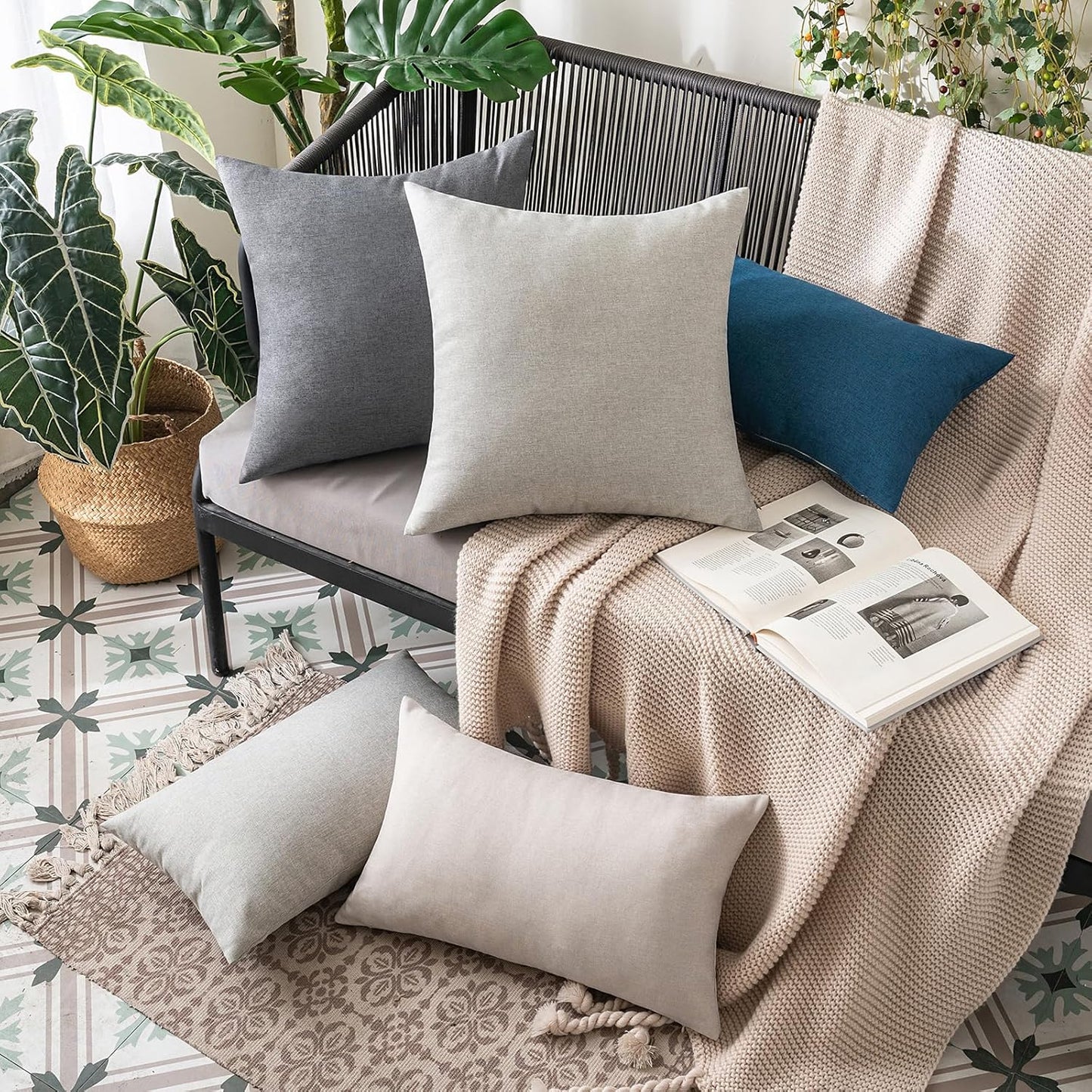 MIULEE Decorative Outdoor Throw Pillow Covers - Waterproof Faux Linen Cushion Cases | 20x20 Inch Light Grey (Pack of 2)