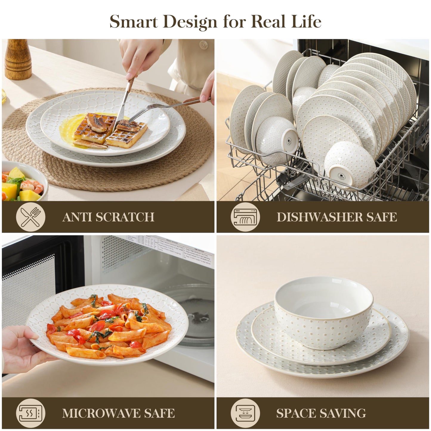 MALACASA 24 Piece Dinnerware Set, Embossed Ceramic Dish Sets Service for 8, Plates and Bowls Set, Durable Stoneware Tableware for Family Dinners, Dishwasher & Microwave Safe