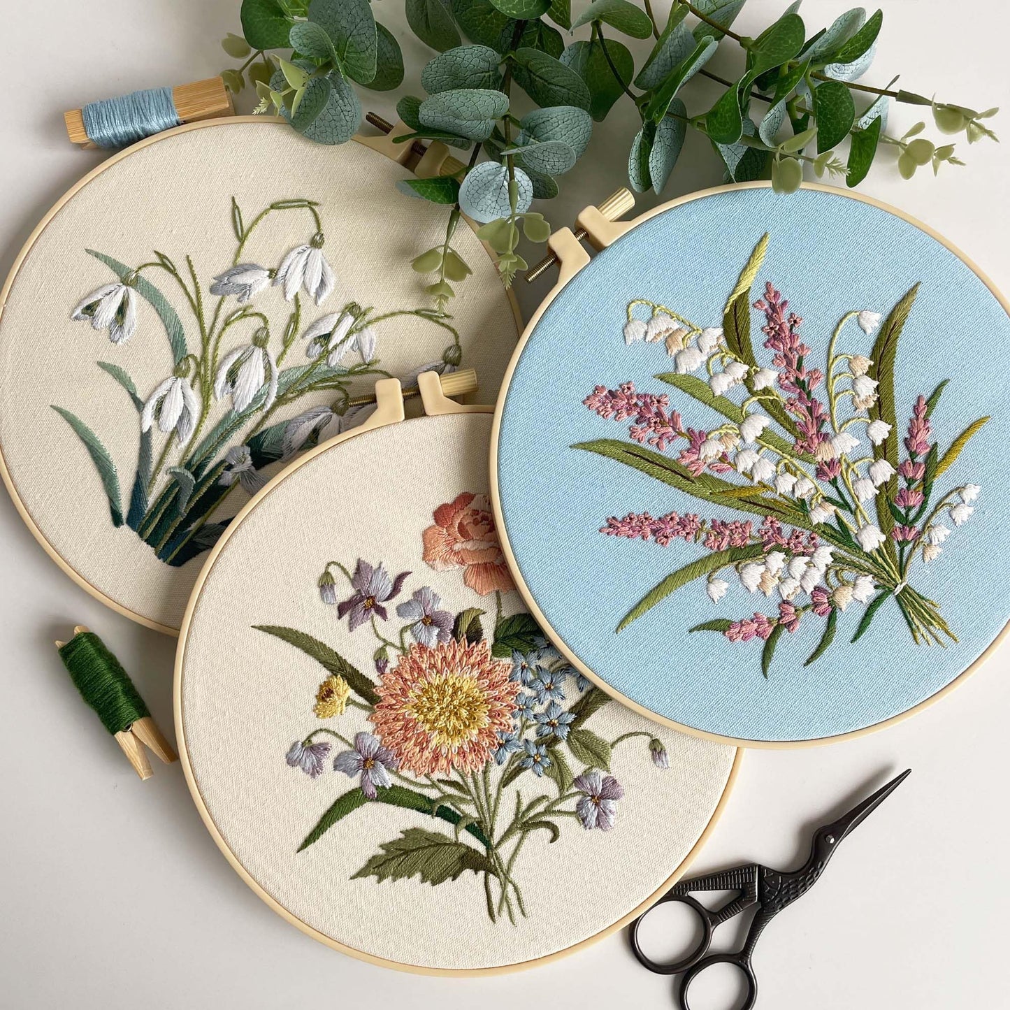 Myfelicity Embroidery kit for Adults and Beginners, Includes 3 Floral Pattern Fabrics, 3 Embroidery Hoops, Embroidery Floss and Other Tools.