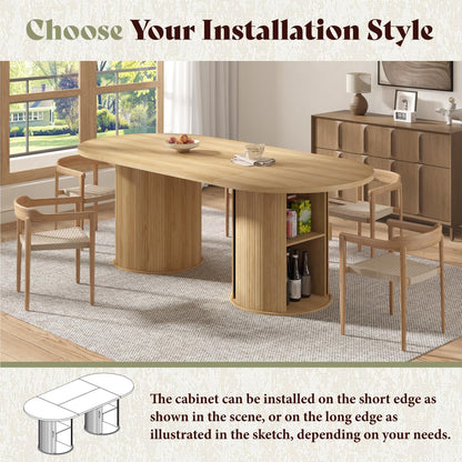AMERLIFE 86.6" Modern Oval Dining Table with Hidden Storage, Extra Long Wooden Dining Room Table with Cylindrical Fluted Base, Seats 6–8, Natural Wood