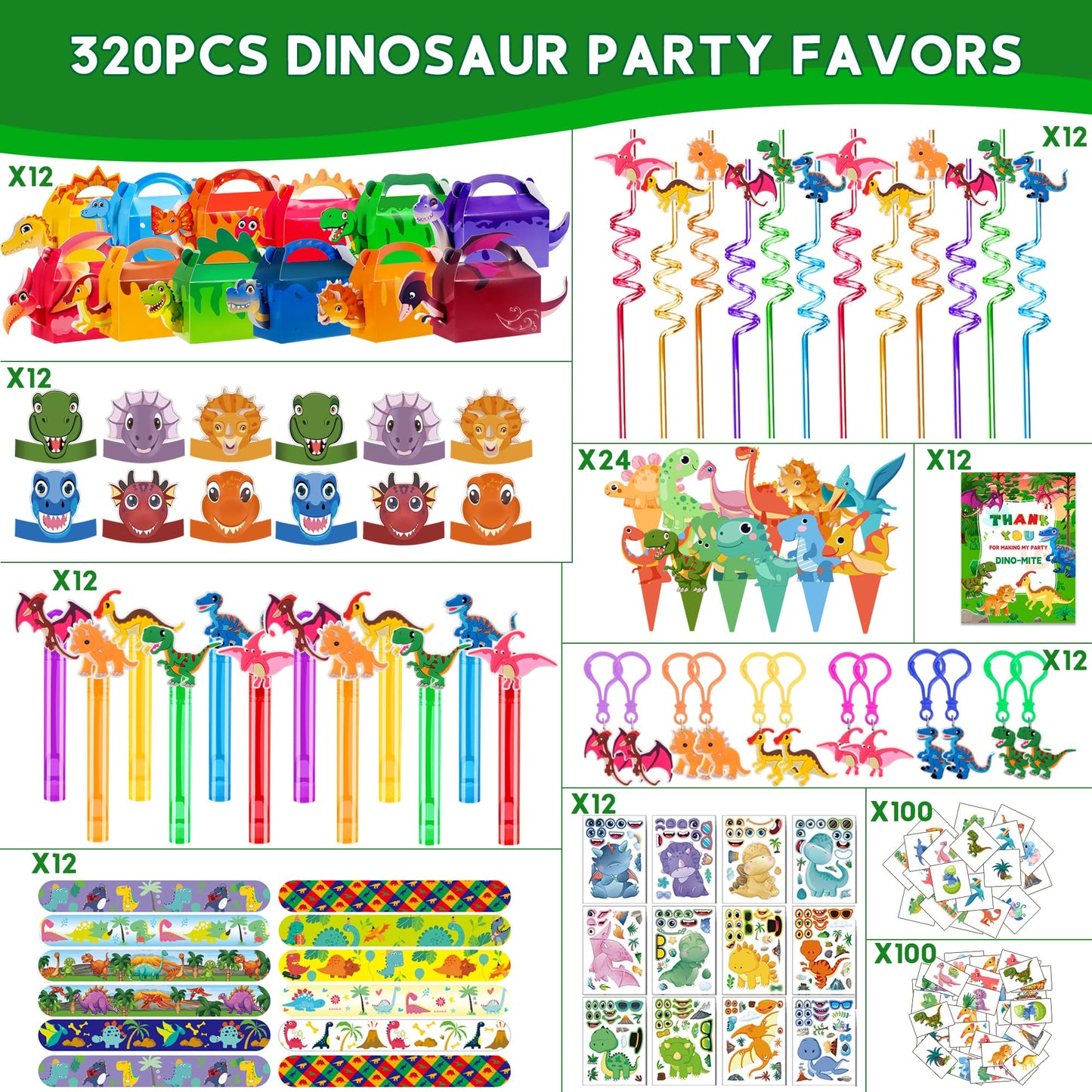 PLOUGVI 320PCS Dinosaur Birthday Party Decorations Favors Supplies, Dino Goodie Bags Fillers Stuffers for Kids Birthday Gifts