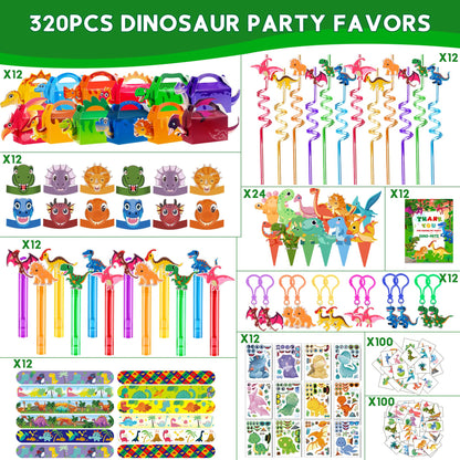 PLOUGVI 320PCS Dinosaur Birthday Party Decorations Favors Supplies, Dino Goodie Bags Fillers Stuffers for Kids Birthday Gifts