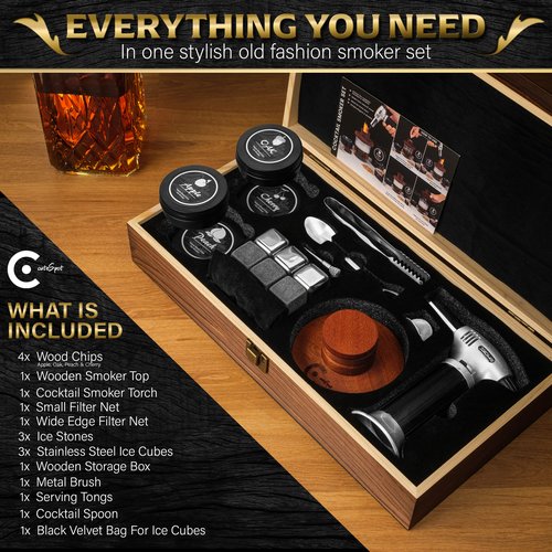Cocktail Smoker Kit with Torch - Smoke Infuser Set For whisky and Bourbon - Drink Set Includes Smoker Wooden Box for Old Fashioned Cocktails, Wood Chips and Accessories (No Butane)