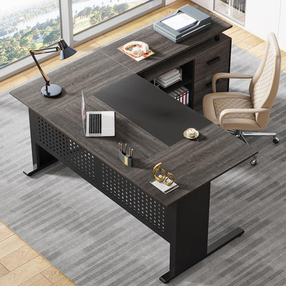Tribesigns 63 Inch Executive Desk with File Cabinet, L Shaped Office Desk with Drawers and Storage Shelves, Business Furniture Set Workstation for Home Office, Gray and Black
