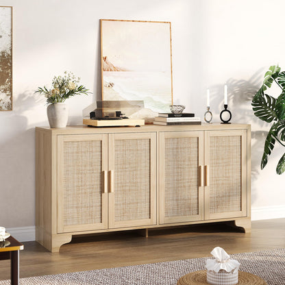 GAOMON TV Stand for TVs Up to 65'', Natural Rattan Entertainment Center with Storage Cabinets, Boho Media Console Table for Living Room, Farmhouse Cabinet, Oak