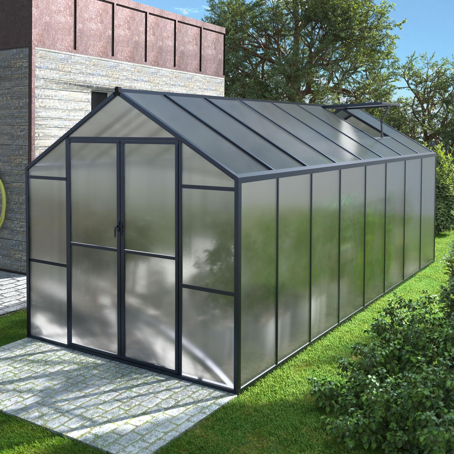 Yardenaler 8x16 FT Polycarbonate Aluminum Greenhouse Kit, Outdoor Walk-in Greenhouse, PC Green House with Adjustable Roof Vents and Lockable Door, Backyard Garden in Winter, Gray