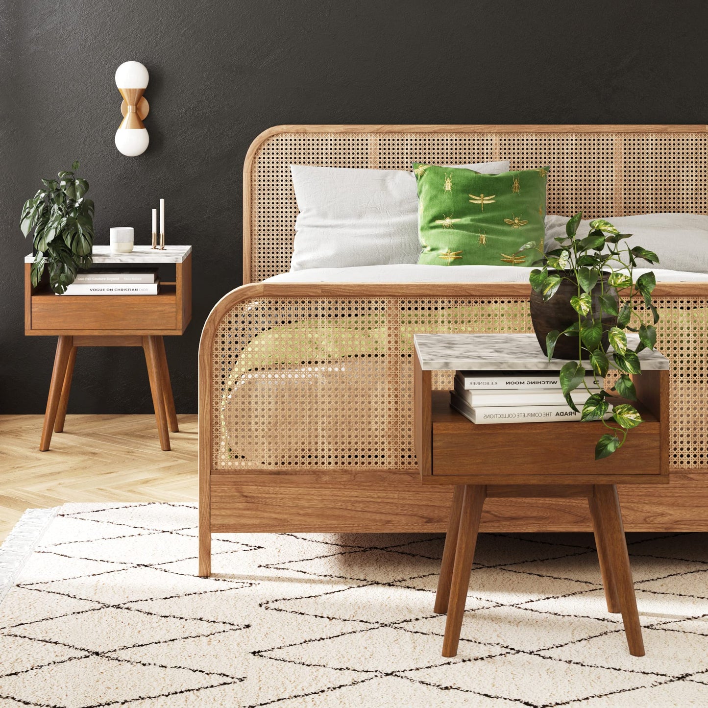Nathan James Mid-Century James Faux White Marble Accent Side or End Table with Walnut Finish and Marble Table-top with Storage, White/Brown, Set of 2