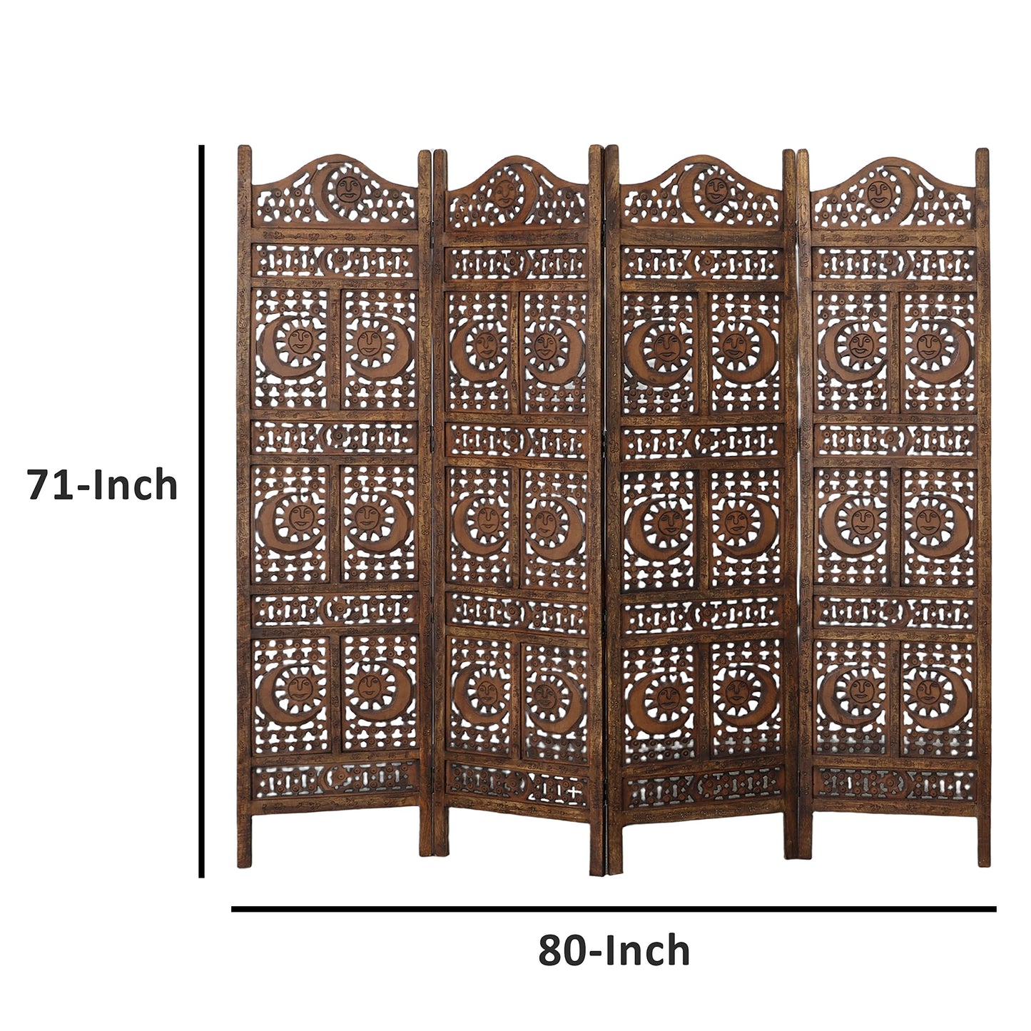 Hand Carved Sun and Moon Design Foldable 4 Panel Wooden Room Divider, Decorative Privacy Screen, Rustic Home Partition Decor