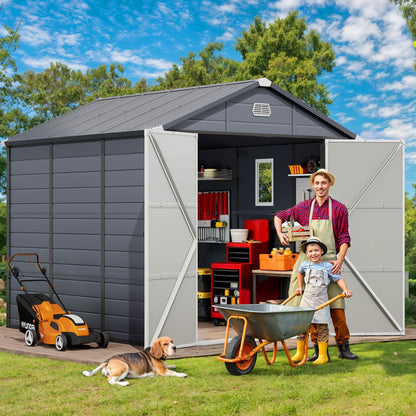 DWVO 8x9FT Outdoor Storage Shed w/o Floor, All-Weather Plastic Shed with Window, Vents & Lockable Doors, Plastic Tool Shed for Backyard, Patio, Lawn, Gray
