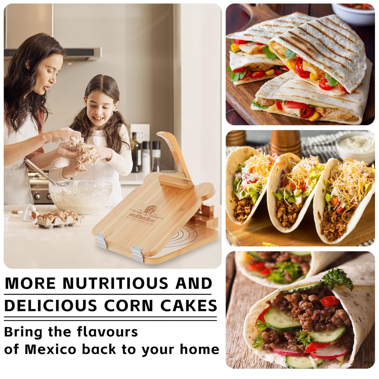 Tortilla Press 10 Inch Bamboo Tortilla Maker, Mexican Tortillera Presser Homemade Flour Tortilla Press for Mexican Tortillas Roti Burrito, Taco Pataconera (Beech)