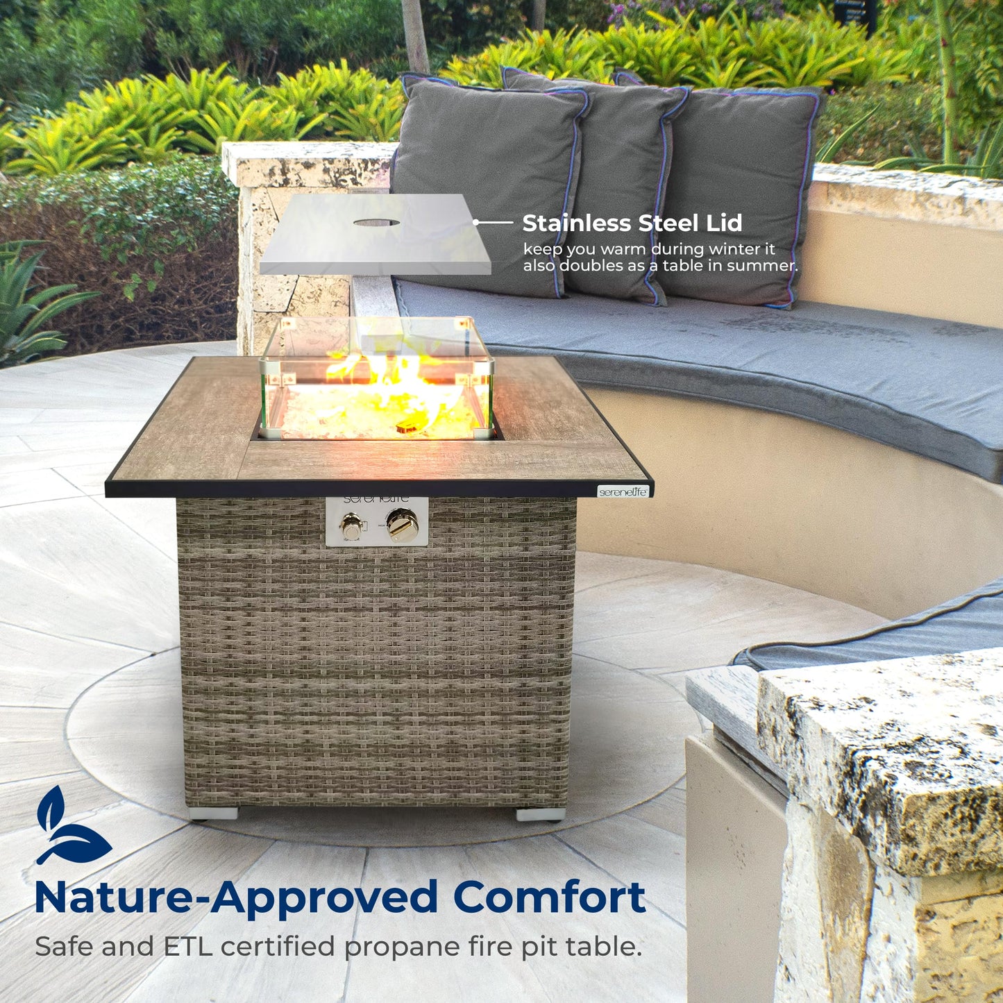 SereneLife Outdoor Propane Fire Pit Table - CSA/ETL Certified Safe 50,000 BTU Pulse Ignition Weatherproof Square Wicker Propane Gas Fire Table w/Tile Tabletop Adjustable Flame - Glass Rocks