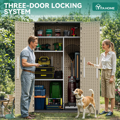 YITAHOME 60 cuft Vertical Outdoor Storage Shed w/o Shelf, Large Waterproof Storage Cabinet for Garden Shed, Tall Outdoor Storage Shed for Garage, Pool Storage, Resin, Lockable, Khaki & Brown