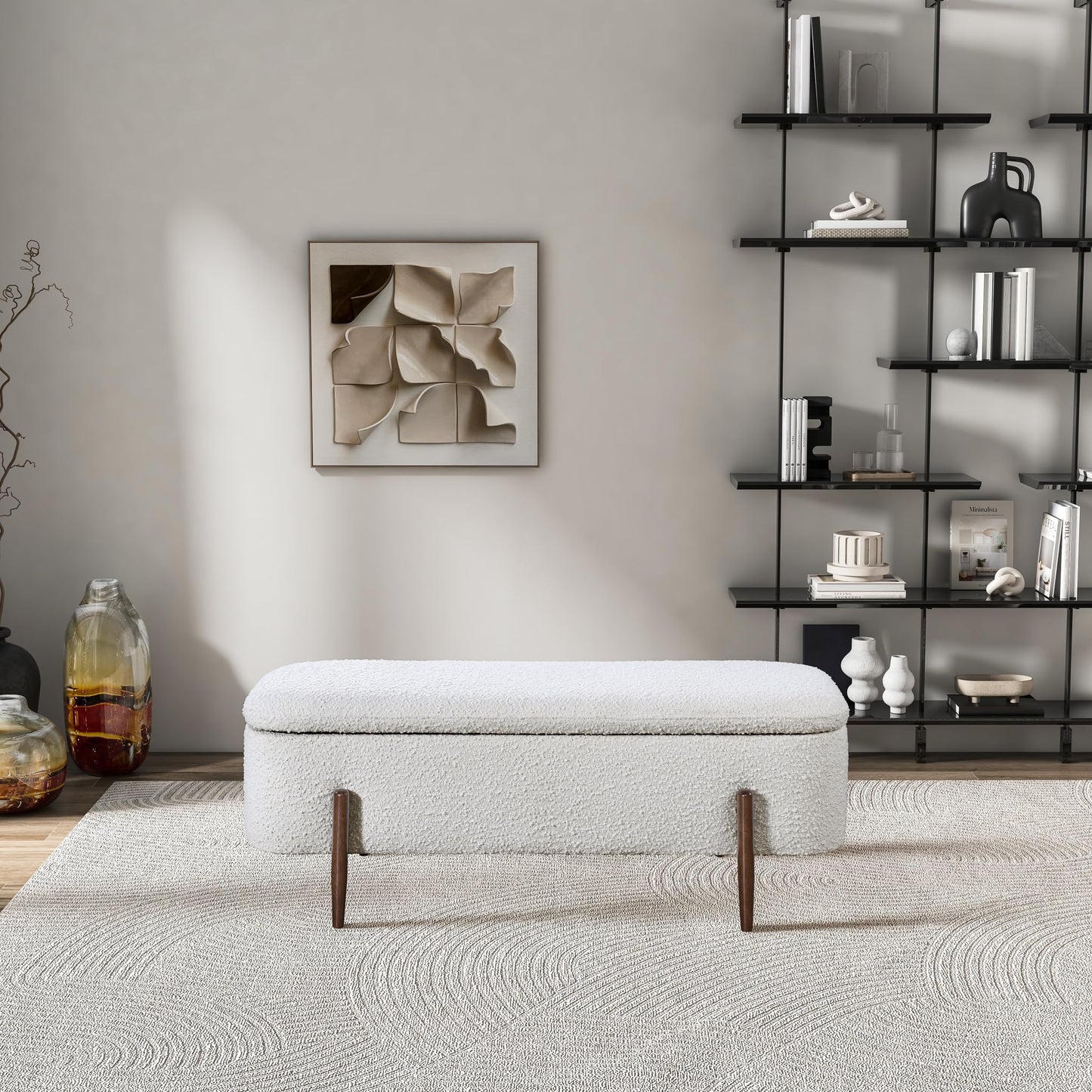 GDFStudio Sarna 48" Mid-Century Modern Storage Ottoman Bench, Lift-Top Curve Rectangle Ottoman Pouf with Solid Wood Legs, Boucle Upholstered Large Footrest, Coffee Table Ottoman for Living Room, Ivory