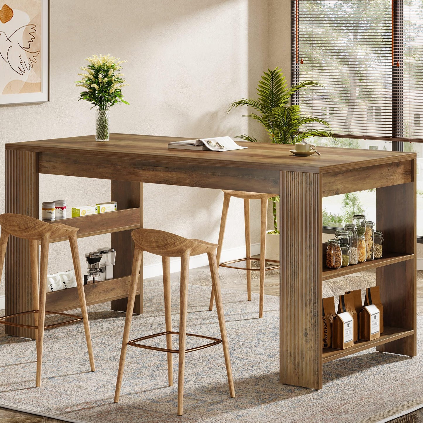 Tribesigns 63-Inch Bar Table, Farmhouse Counter Height Pub Table with Storage Shelves, High Top Bar Unit for Kitchen, Dining Room, Bistro, Rustic Brown