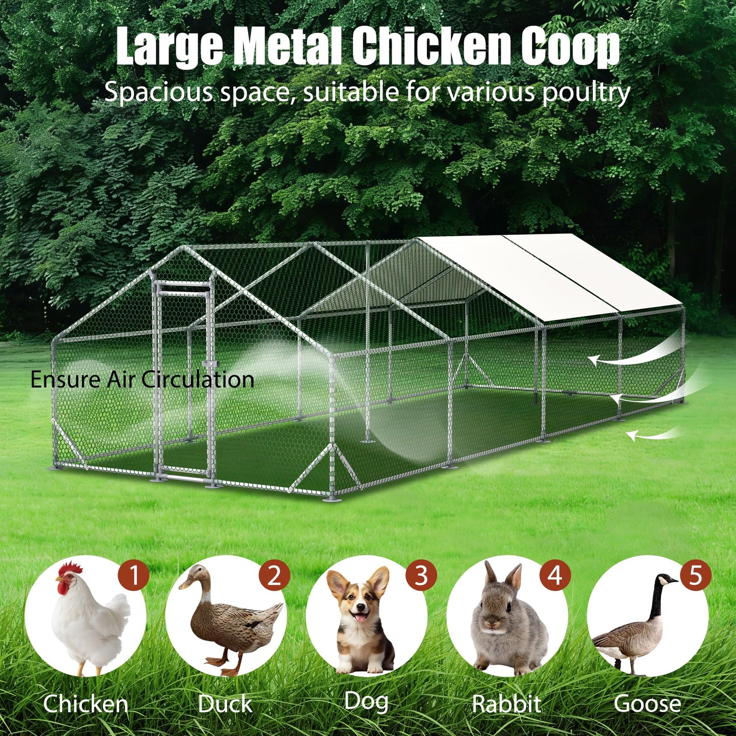 YOPTO Metal Chicken Coop with Run,10x26x6.56ft Walk-in Chicken Run W/Removable Waterproof & Anti-Ultraviolet Cover,Chicken Pen W/Security Lock,Hen House Enclosure for Ducks,Rabbits