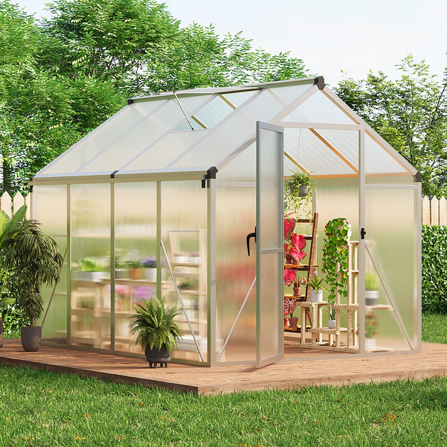 Garvee 6 x 8 FT Greenhouse, Greenhouses for Outside, Polycarbonate Greenhouse with Aluminum Frame, Lockable Door and Ajustable Roof Vent for Backyard, Green Houses for Outside Garden Backyard, Patio